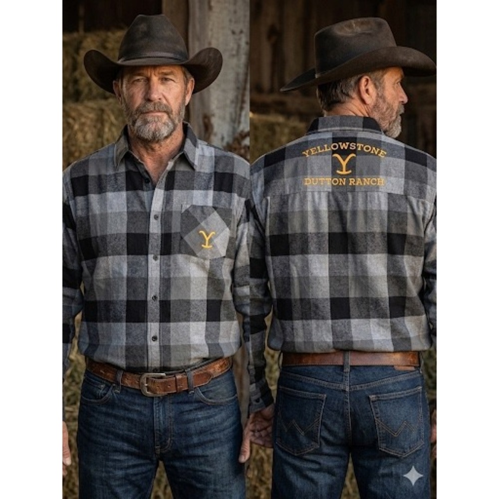 Yellowstone Dutton Ranch Gray Black Buffalo Plaid Flannel Button Up Shirt Mens